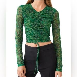& Other Stories Green Ruched Mesh Long-Sleeve Crop Top XS